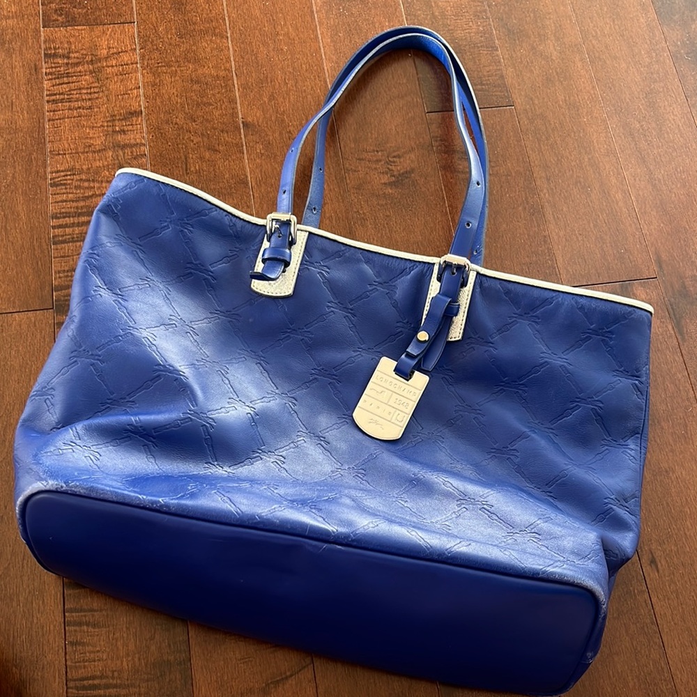 Longchamp LM Cuir Large Leather Tote - Large Blue Leather Longchamp Tote Bag